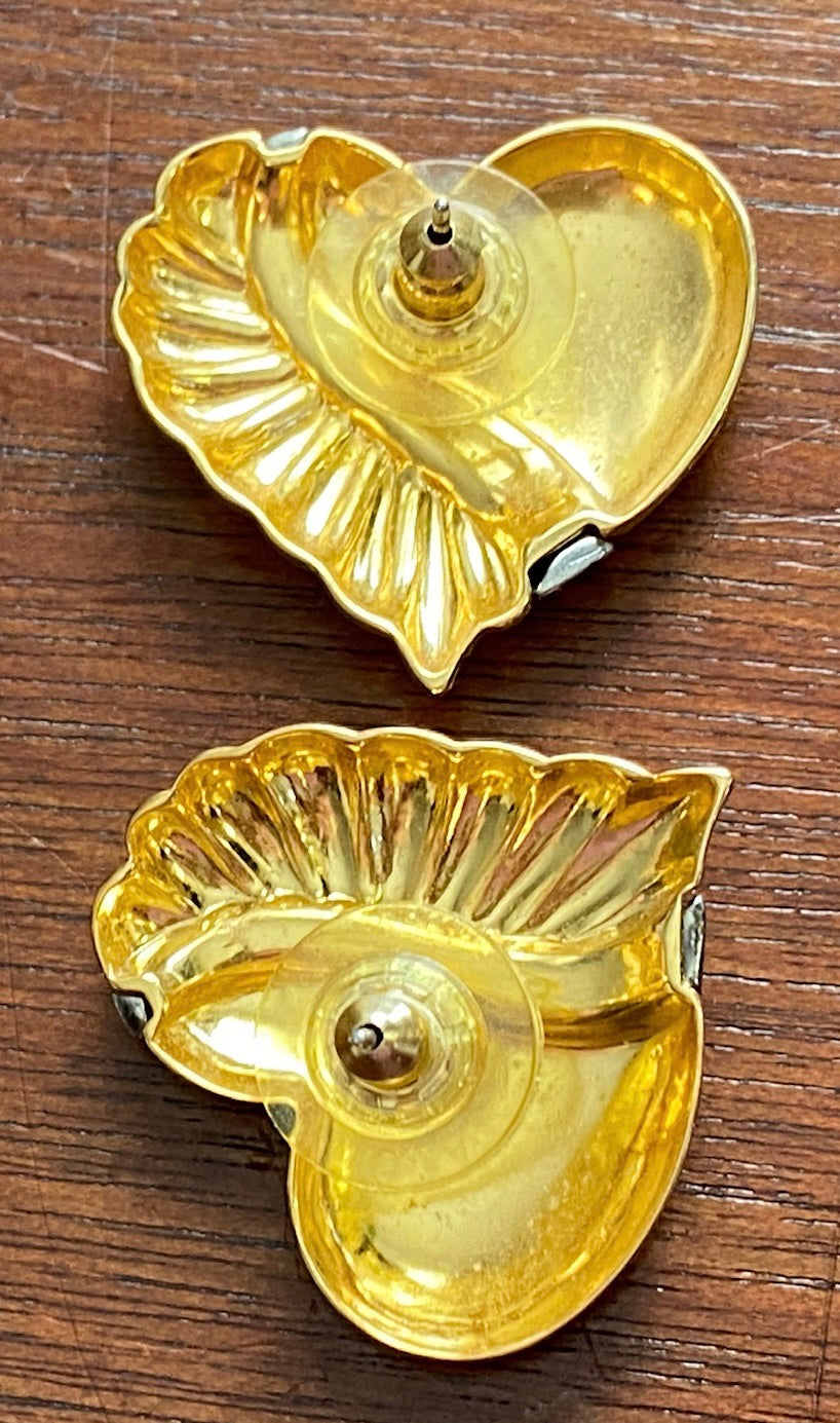 Vintage 80's Gold Tone Ruffle Edge Heart Pierced Earrings
