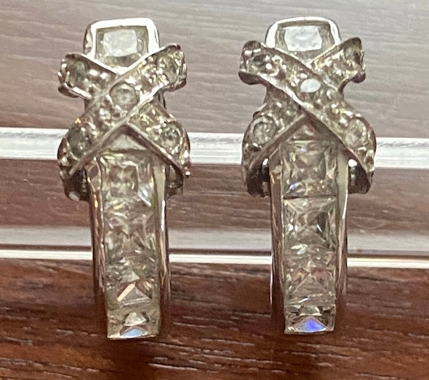Sterling Silver 925 CZ Princess Round X Pattern Hoop Pierced Earrings