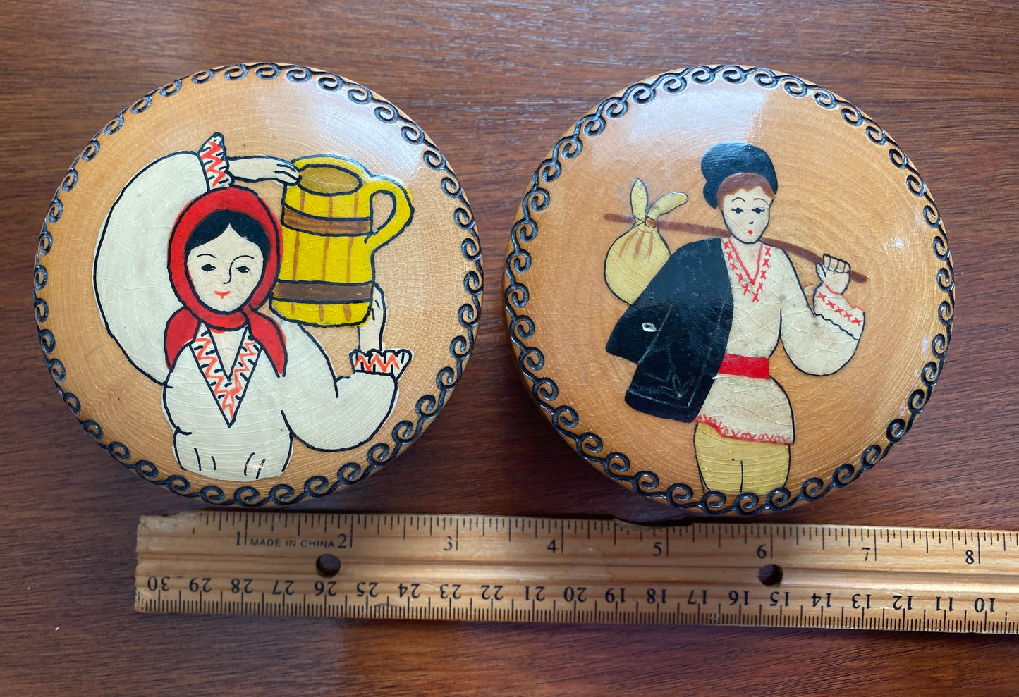 Vintage Wood Carved Trinket Box Set Boy & Girl Romania Souvenir