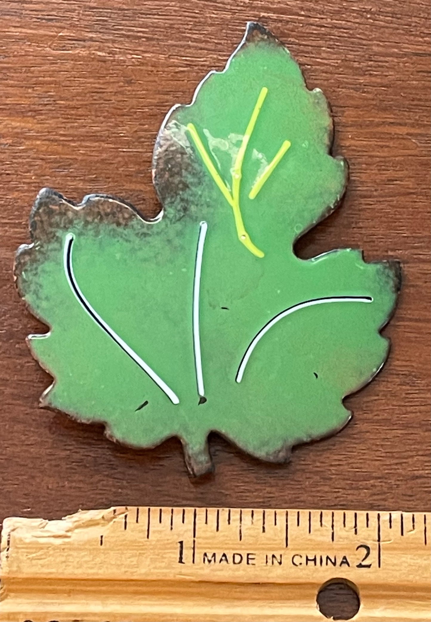 Vintage Large Copper Glazed Enamel Leaf Brooch Pin