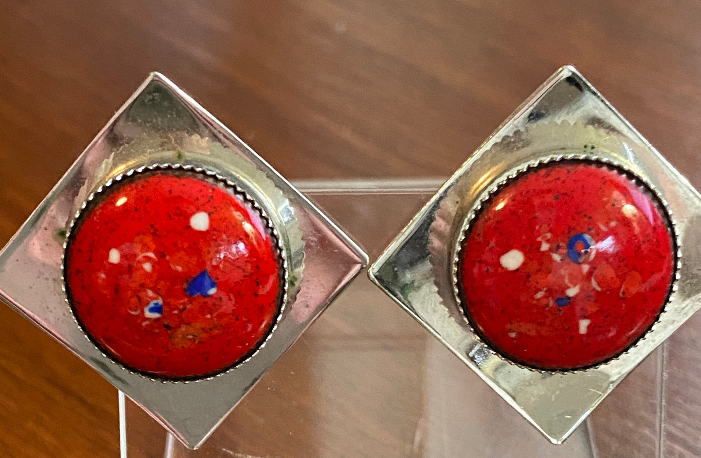 Vintage 80's Silvertone Square Copper Enamel Domed Clip on Earrings