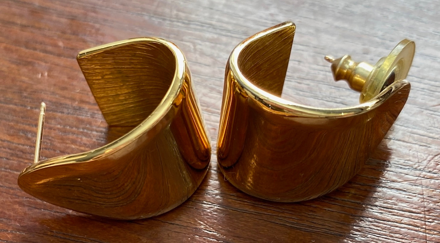 Vintage 80's Shiny Gold Tone Metal Half Hoop Pierced Earrings