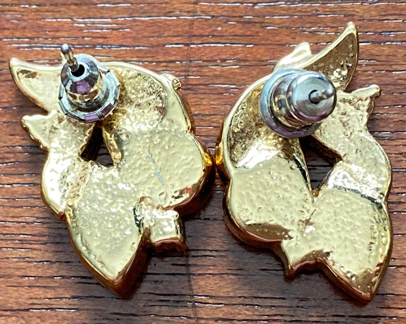 Vintage Gold Tone Green Purple White Rhinestone Jeweled Pierced Earrings