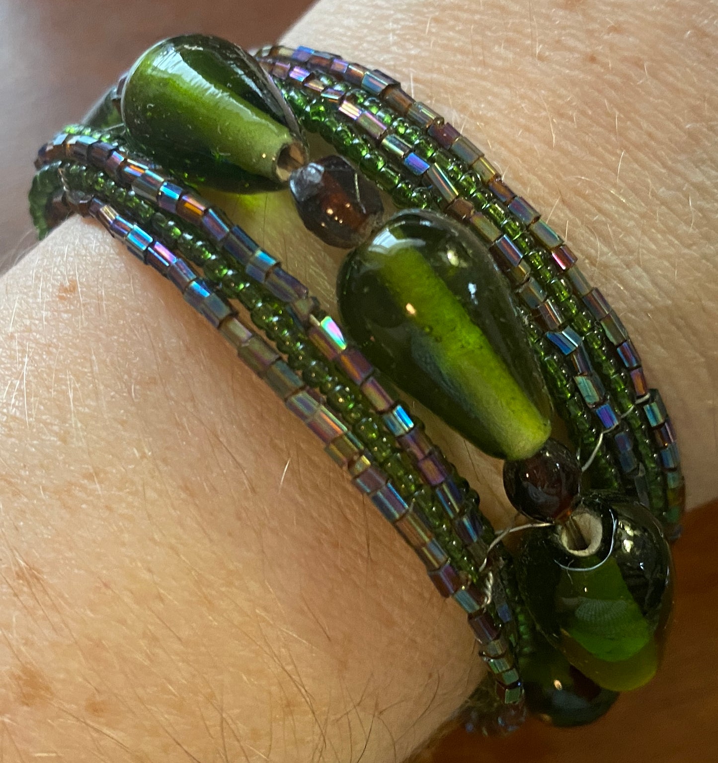 Green Seed Bead Glass Wire Wrap Cuff Bracelet
