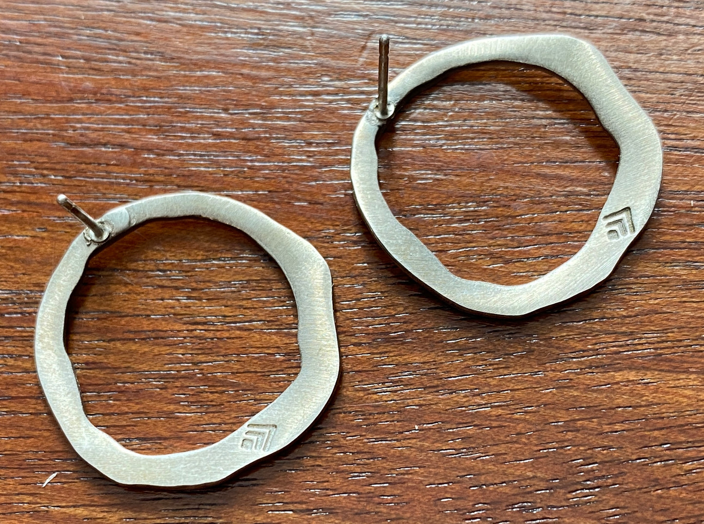 Signed Silver Modernist Open Round Pierced Earrings