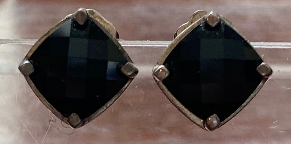Sterling Silver 925 Faceted Black Stone Study Earrings