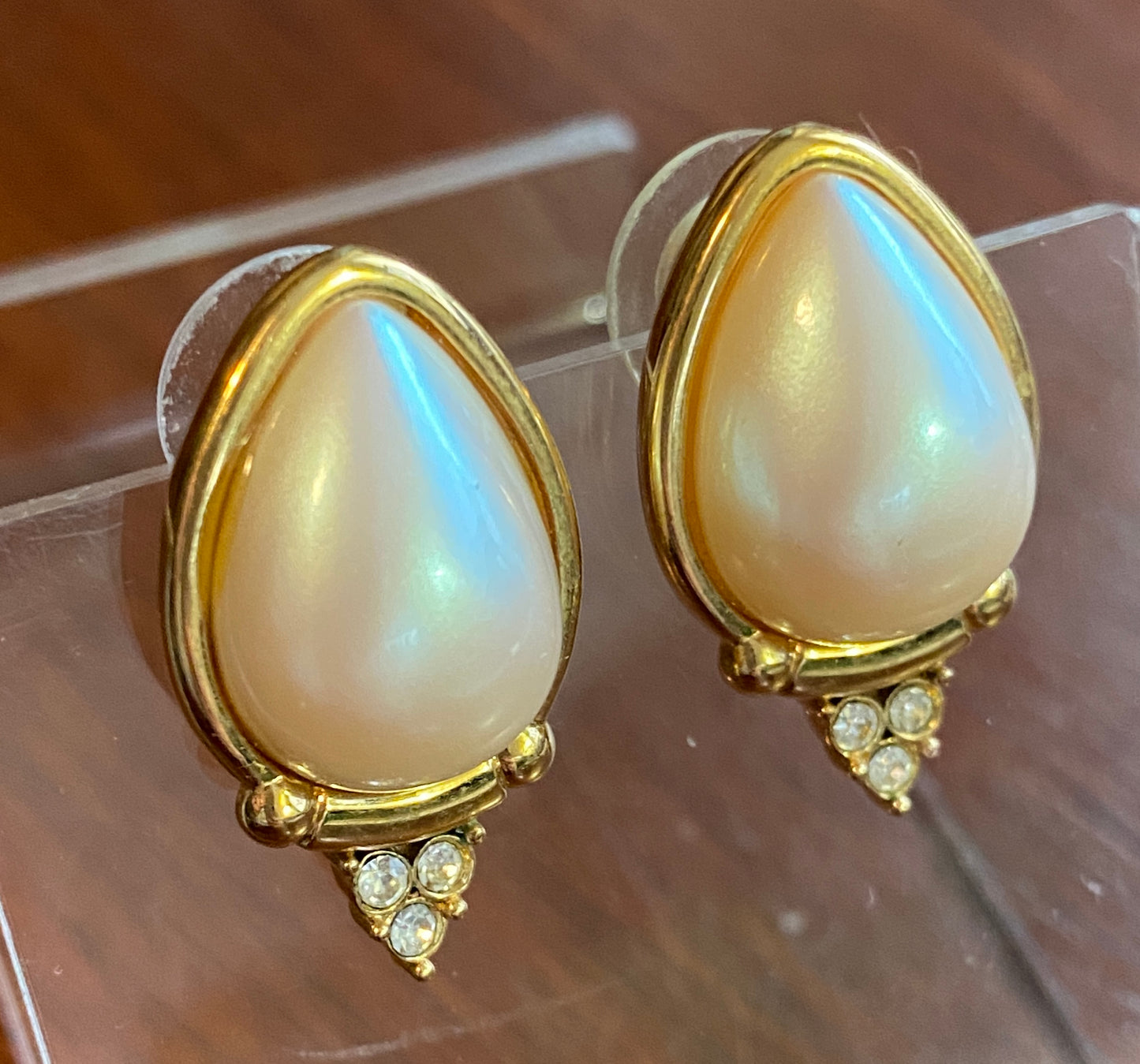 Vintage Signed Richelieu Teardrop Faux Pearl Rhinestone Pierced Earrings