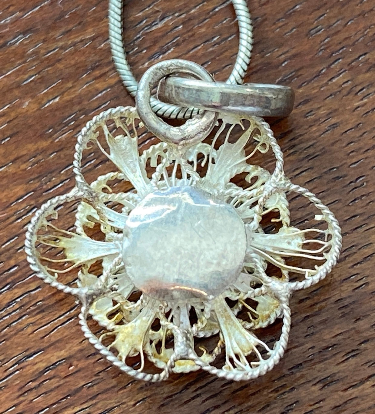 Sterling Silver 925 Filigree Flower Snake Chain Pendant Necklace