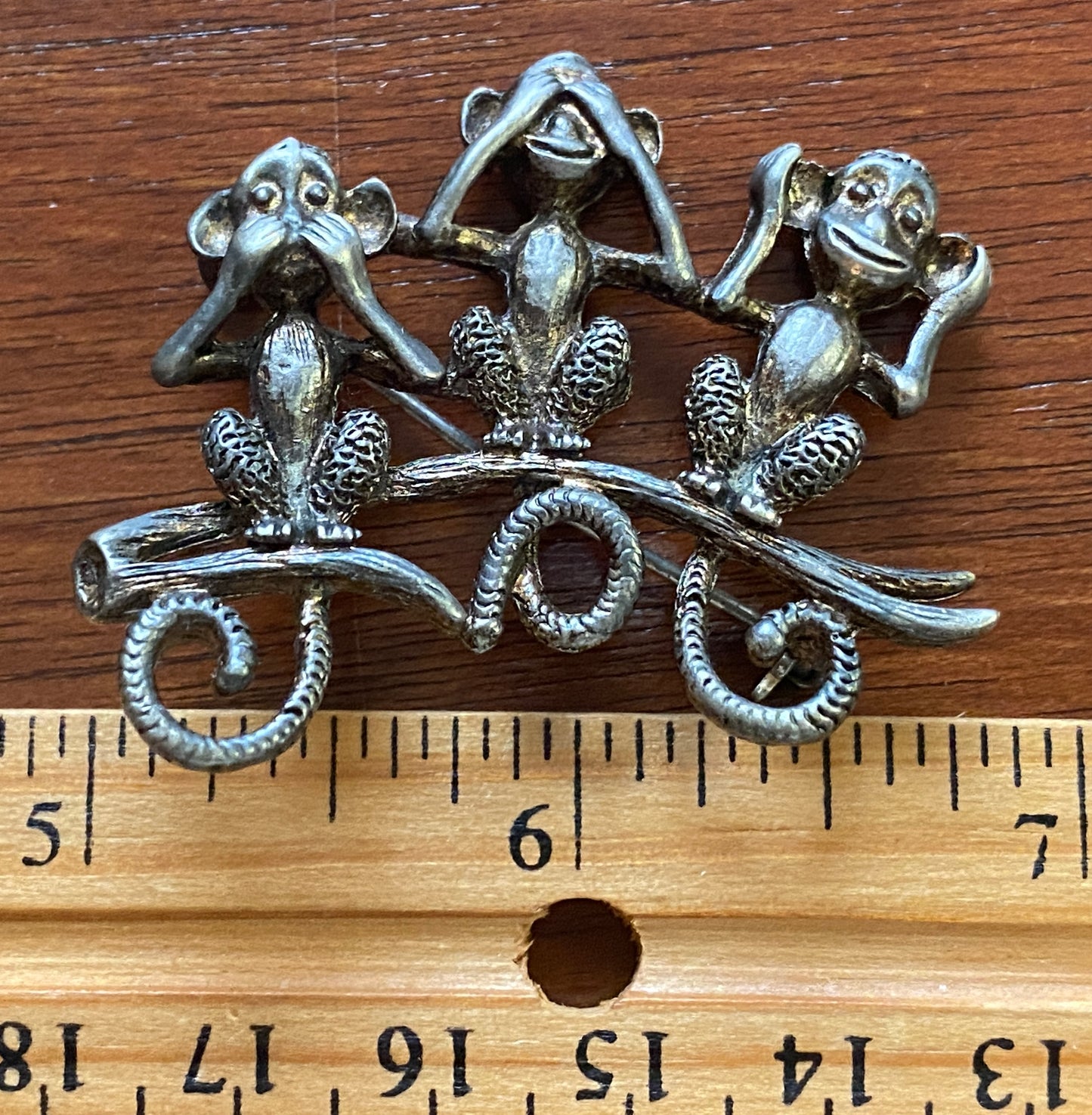Vintage DANECRAFT Monkey Hear No Evil Brooch Pin Silver Tone Metal
