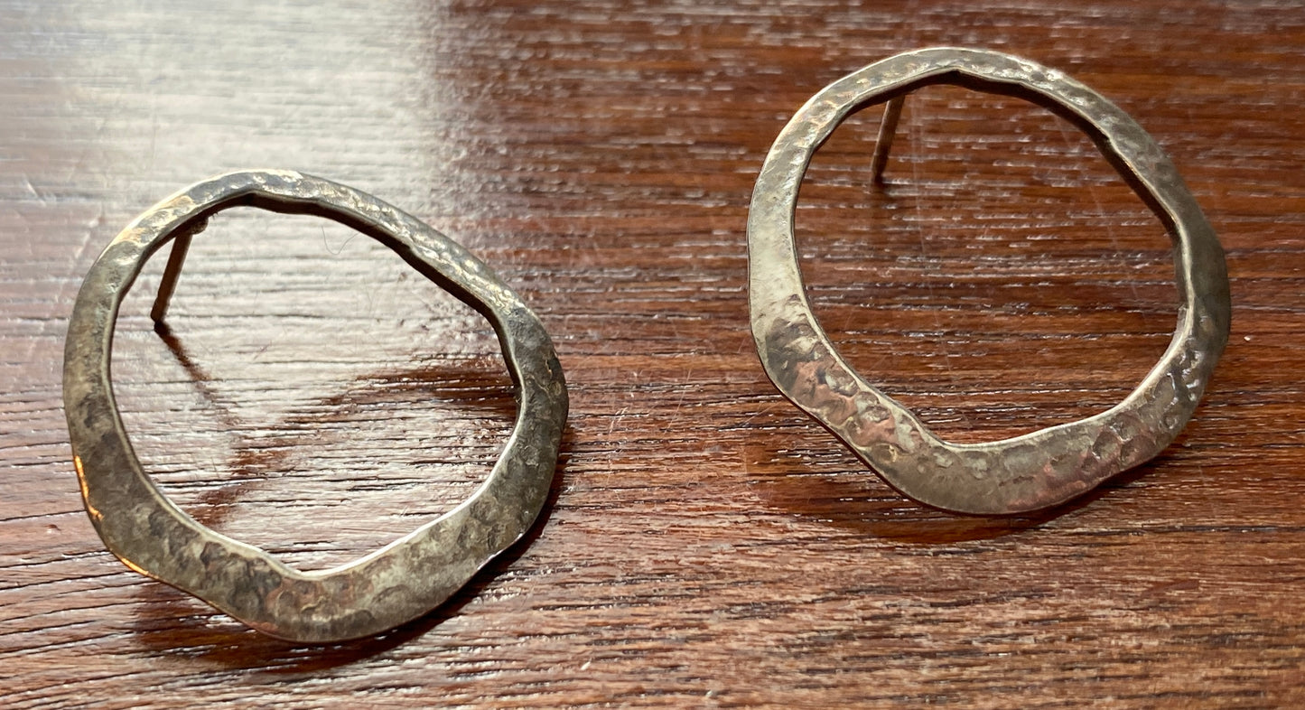 Signed Silver Modernist Open Round Pierced Earrings