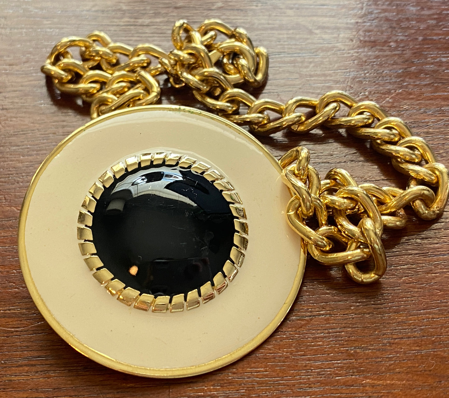 Vintage Beige Black Gold Tone Collar Necklace Large Round Pendant