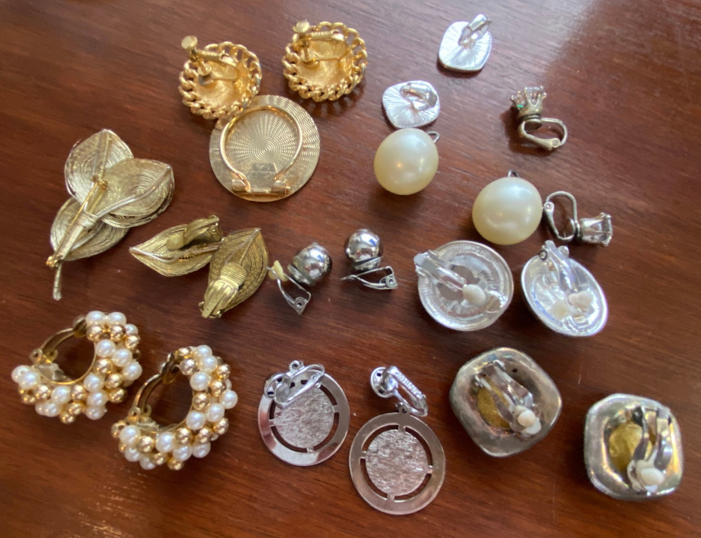 Lot of 10 Pairs Clip on Earrings Scarf Clip Brooch Signed Faux Pearl Black Gold Tone