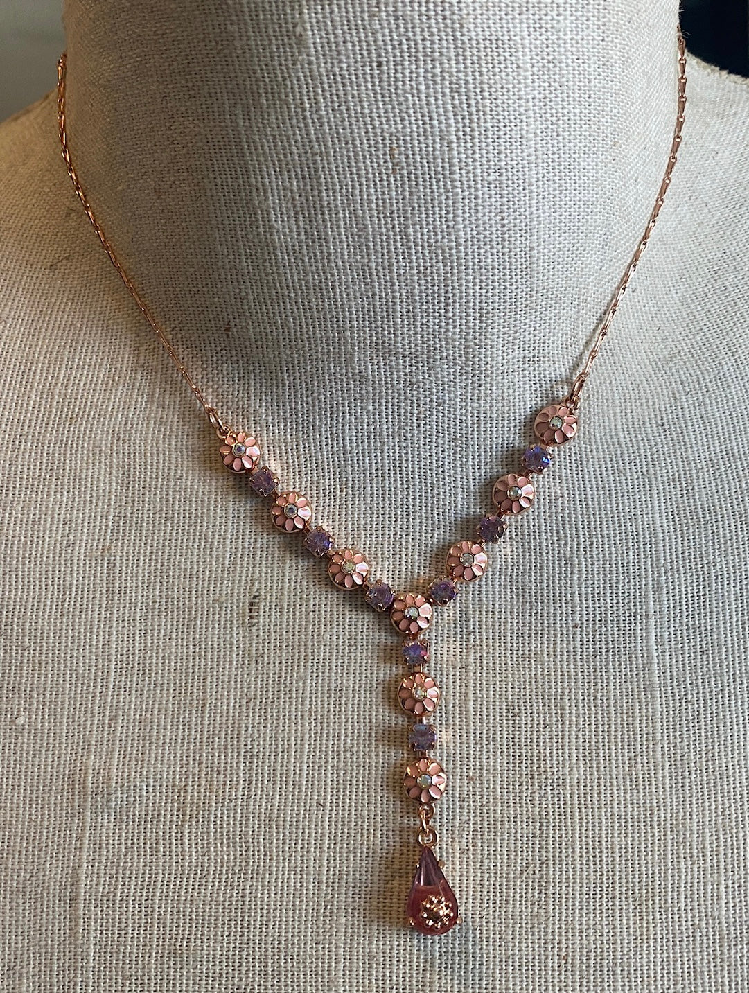 Avon Rose Gold Tone AB Aurora Borealis Pink Enamel Flower Rhinestone Necklace
