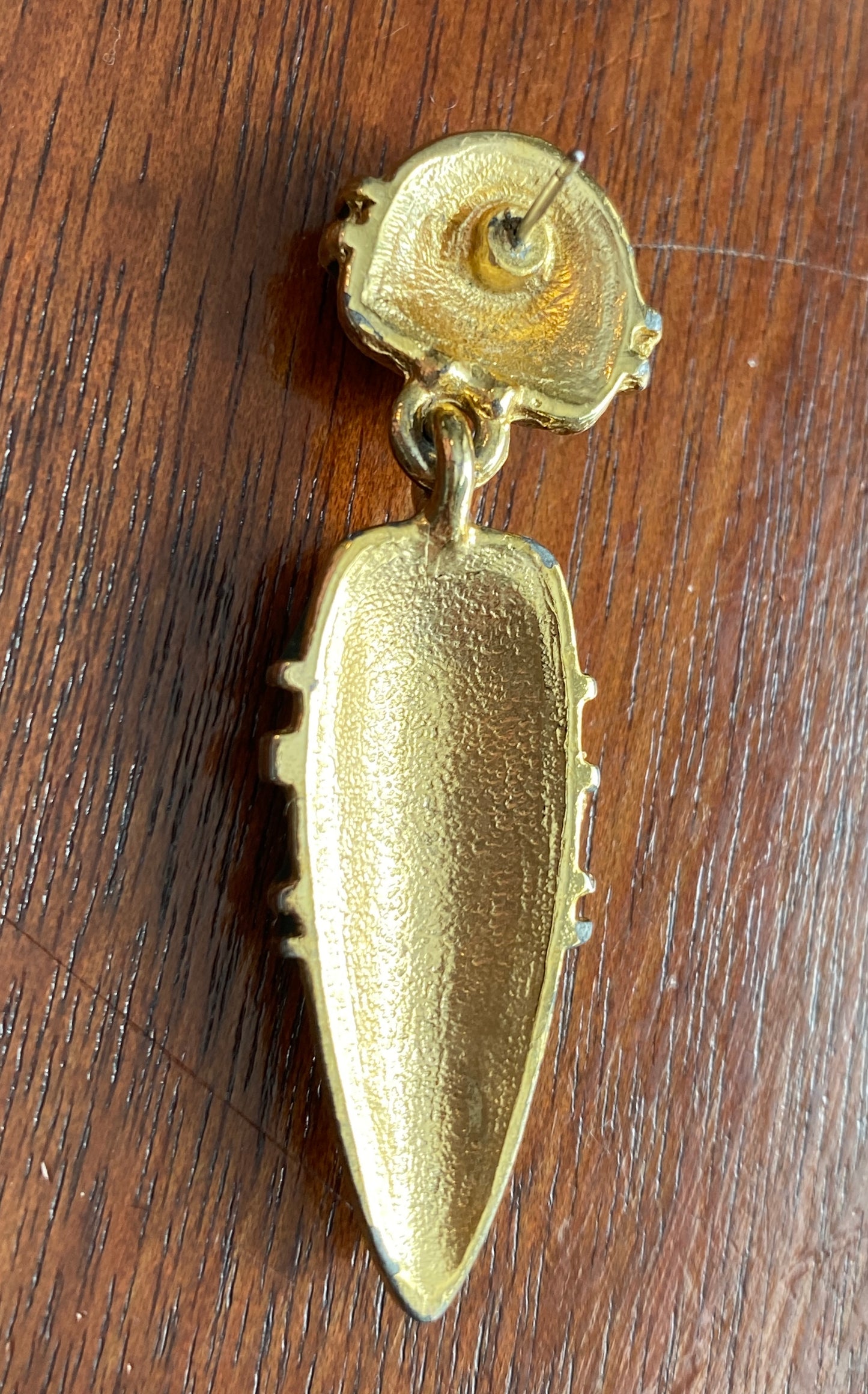 Vintage 80's Gold Tone Green Metallic Enamel Drop Dangle Pierced Earrings