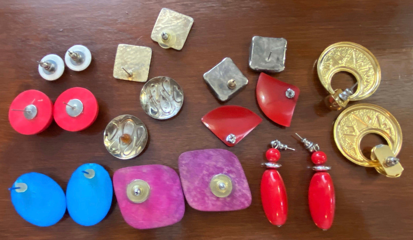 Lot of 10 Pairs of Pierced Earrings Vintage 80's Colorful Wood Painted Metal