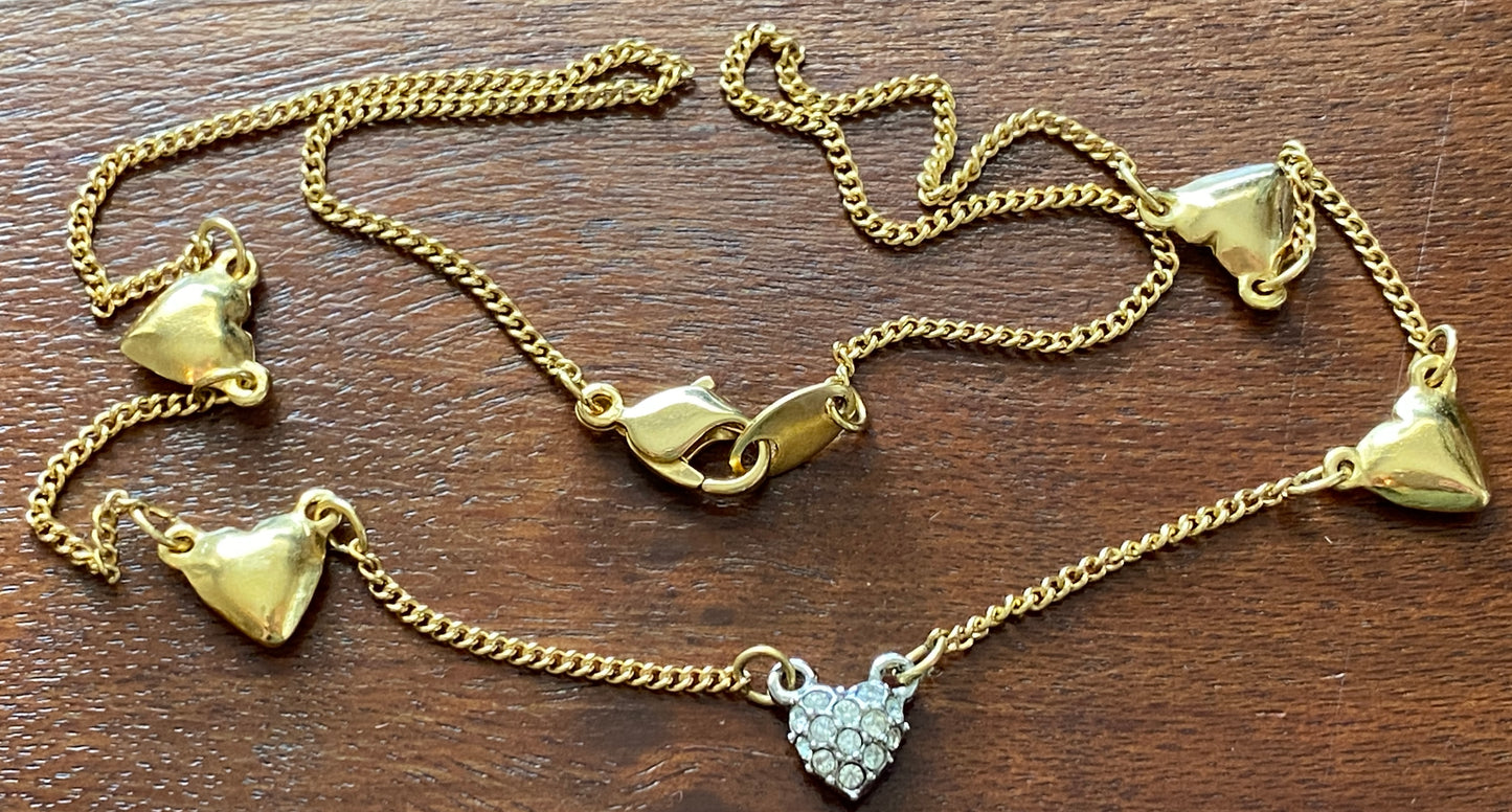Avon Gold Tone Metal Puffy Heart Rhinestone Necklace