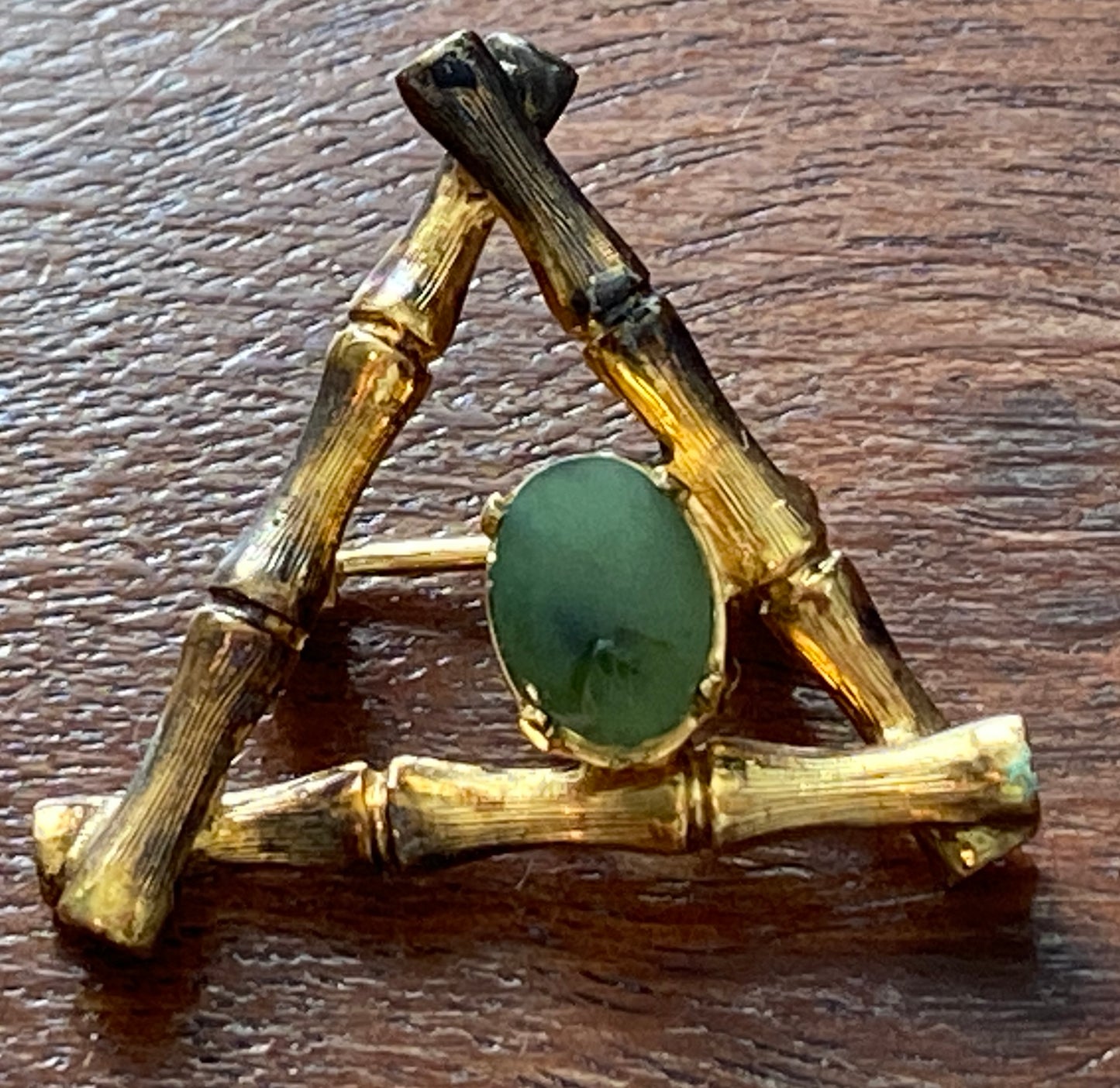 Vintage 1940s Wells Sterling Silver 925 Gold Plate Jade Cabochon Bamboo Brooch Pin