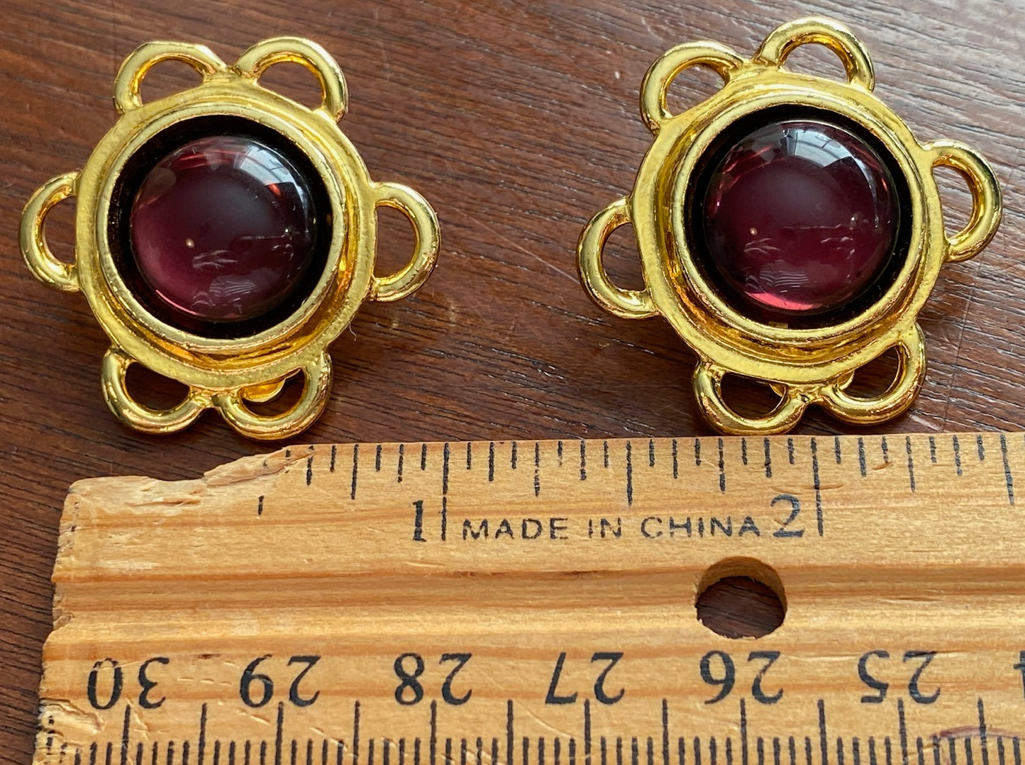 Vintage Gripoix Style Gold Tone Cranberry Purple Glass Clip On Earrings