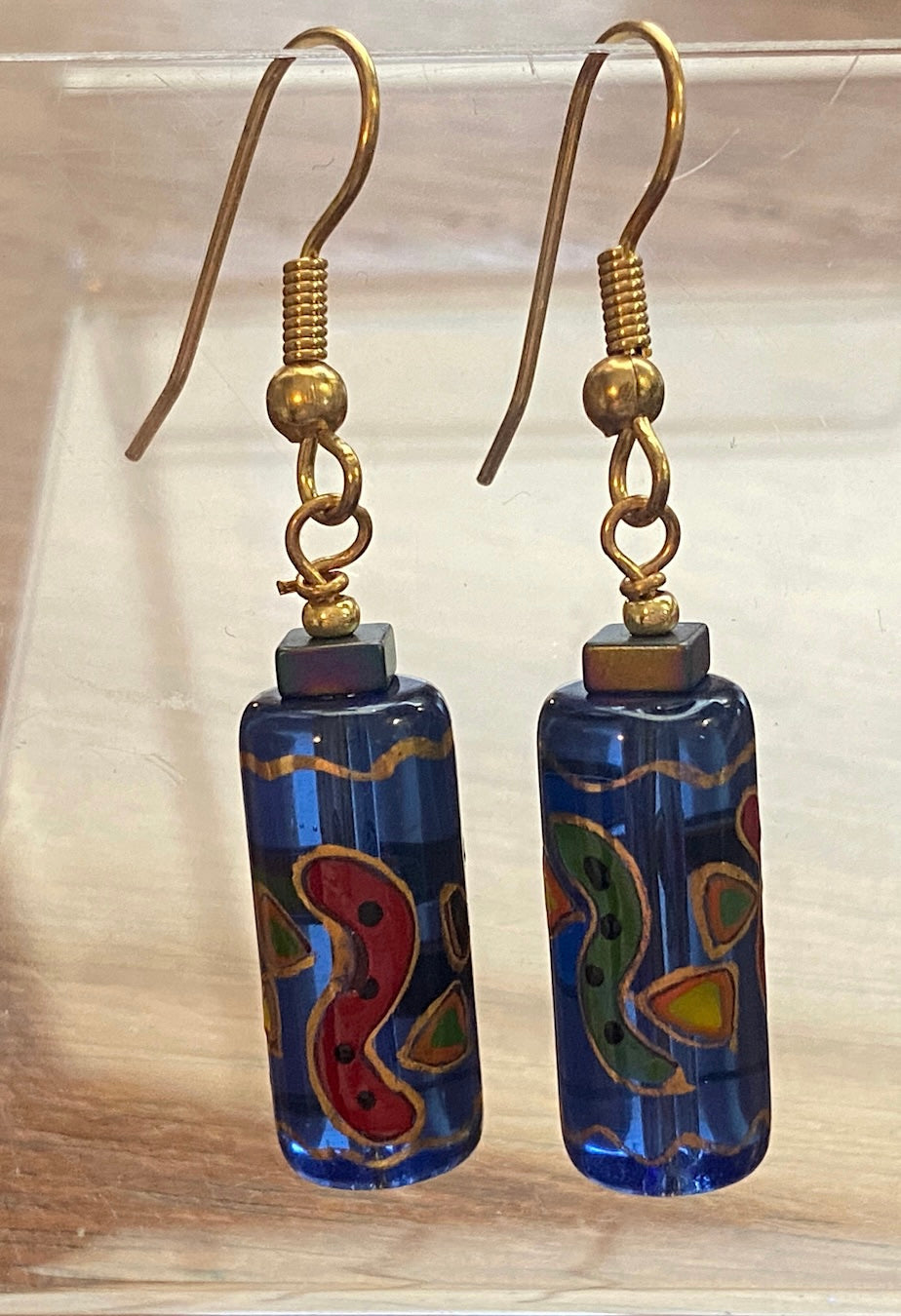 Vintage Cobalt Blue Glass Painted Art Drop Dangly Pierced Earrings