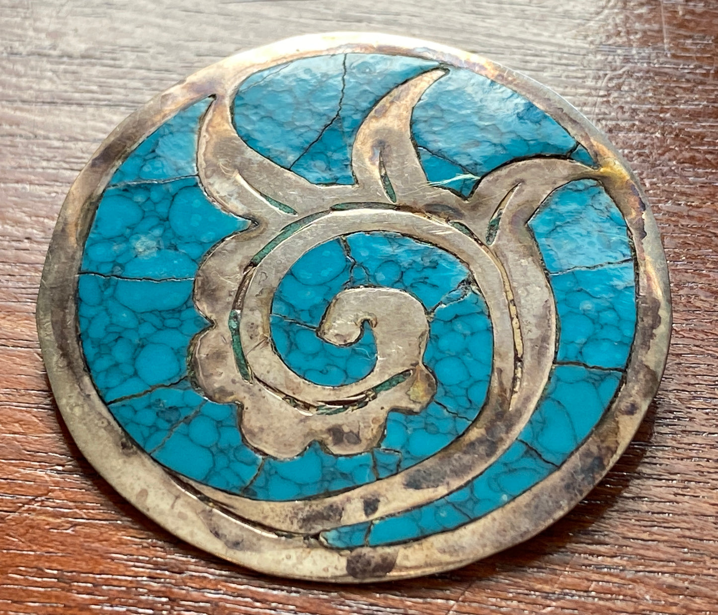 Sterling Silver 925 Turquoise Round Brooch Pendant Signed