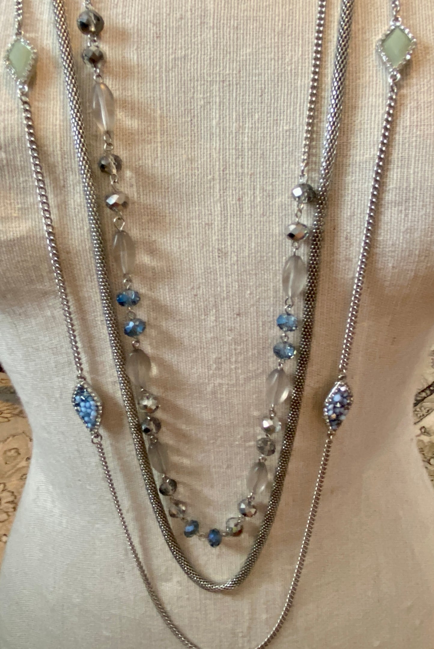 Vintage Long Silver Tone Metal Mesh Layered Rhinestone Bead Necklace