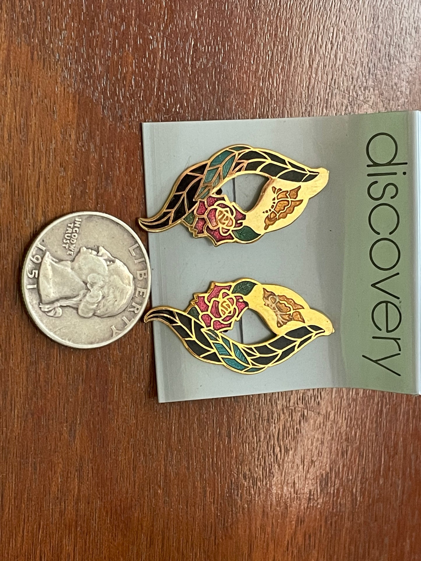 Vintage Cloisonne Goldtone Earrings Colorful Enamel Rose & Butterfly