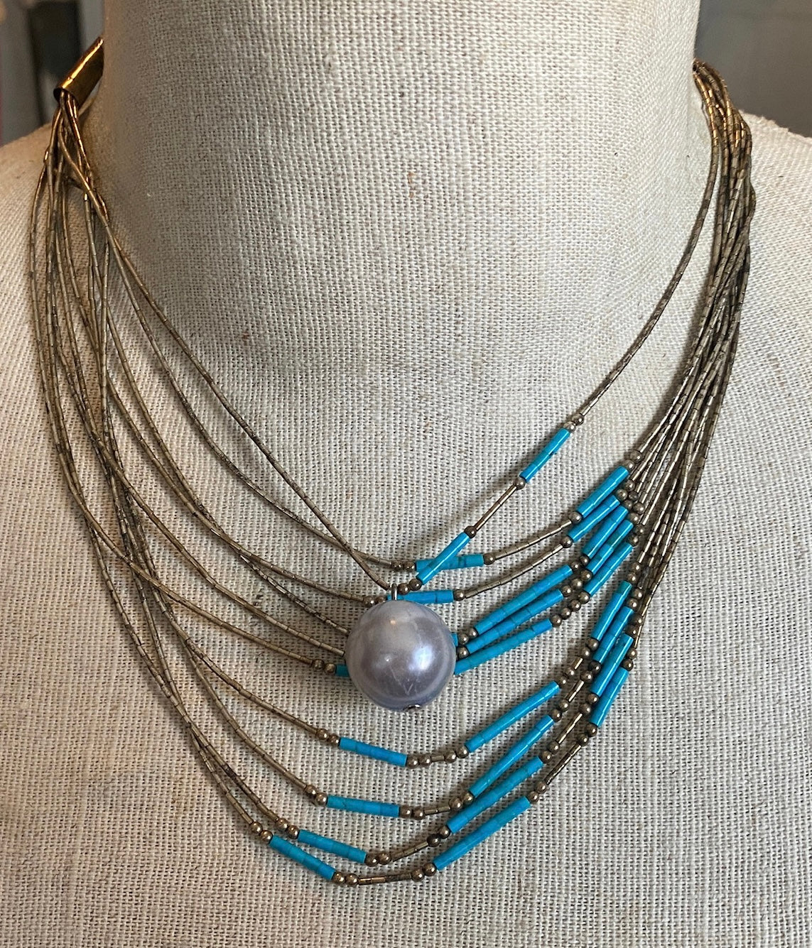 Silvertone Metal Faux Turquoise Pearl Mesh Multistrand Necklace