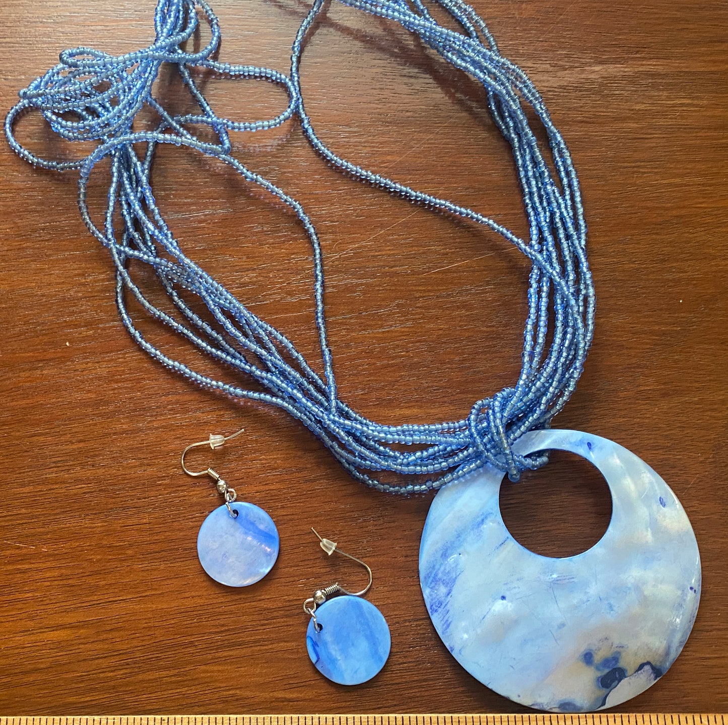 Blue Seed Bead Pendant Necklace & Earrings Set