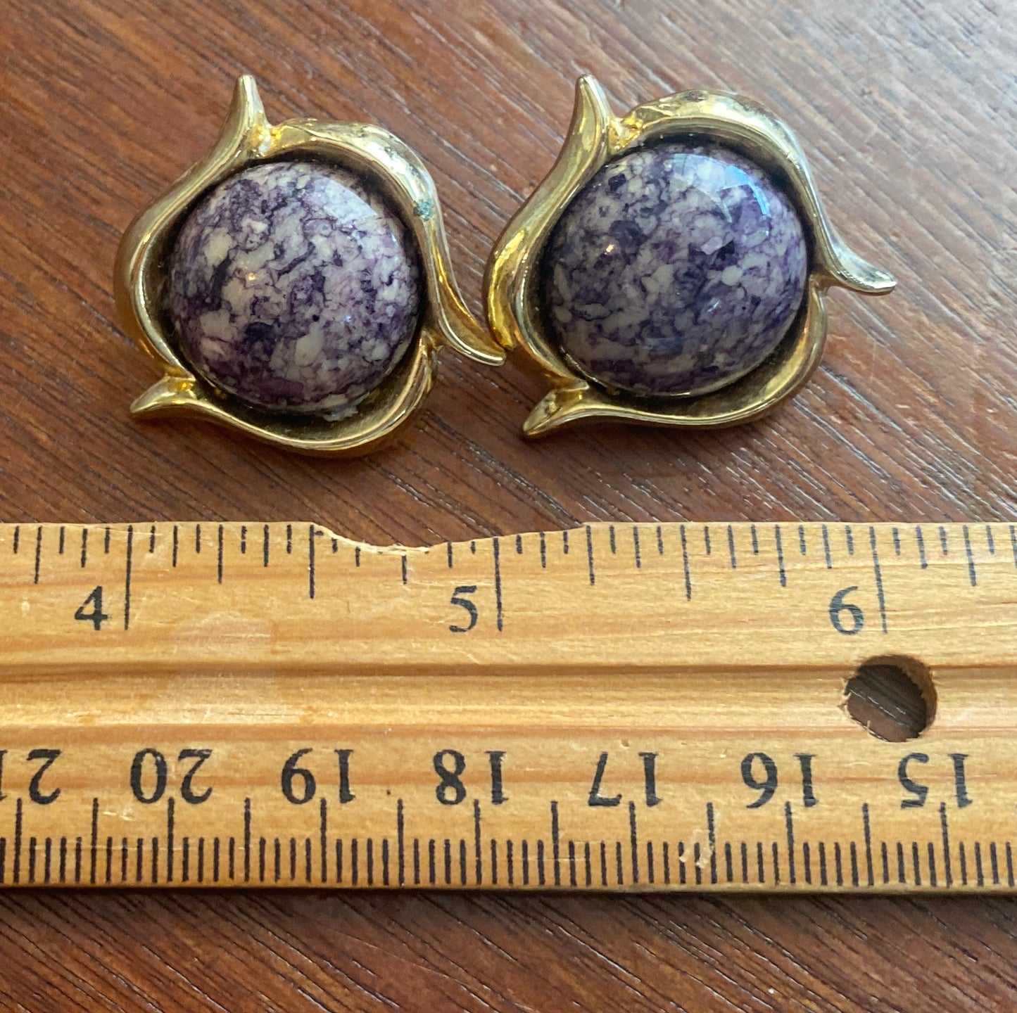 Vintage Gold Tone Marbled Faux Stone Pierced Earrings