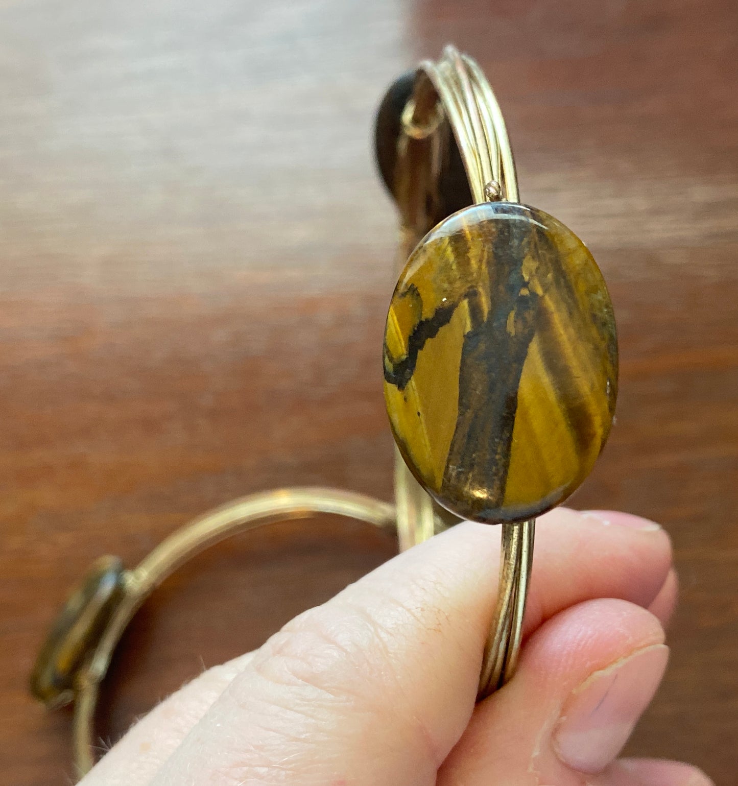 Wire Wrap Petrified Wood Stone Bangle Bracelet Set of 2