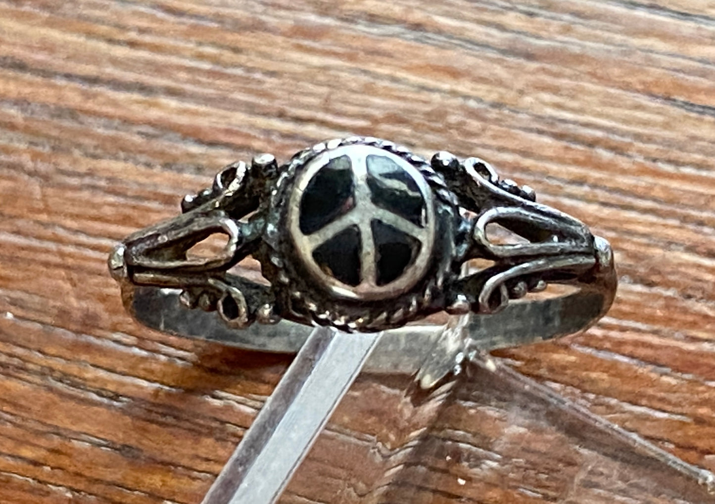 Sterling Silver Onyx Peace Sign Ring Sz 6