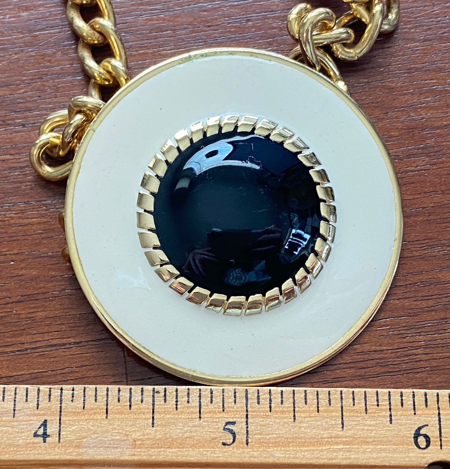 Vintage Beige Black Gold Tone Collar Necklace Large Round Pendant