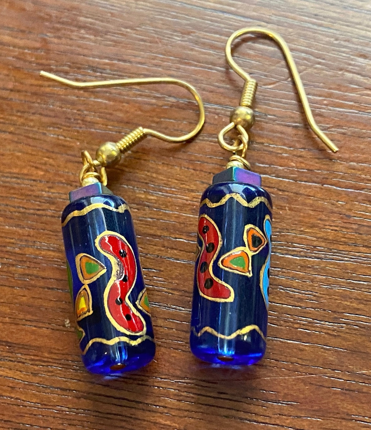 Vintage Cobalt Blue Glass Painted Art Drop Dangly Pierced Earrings