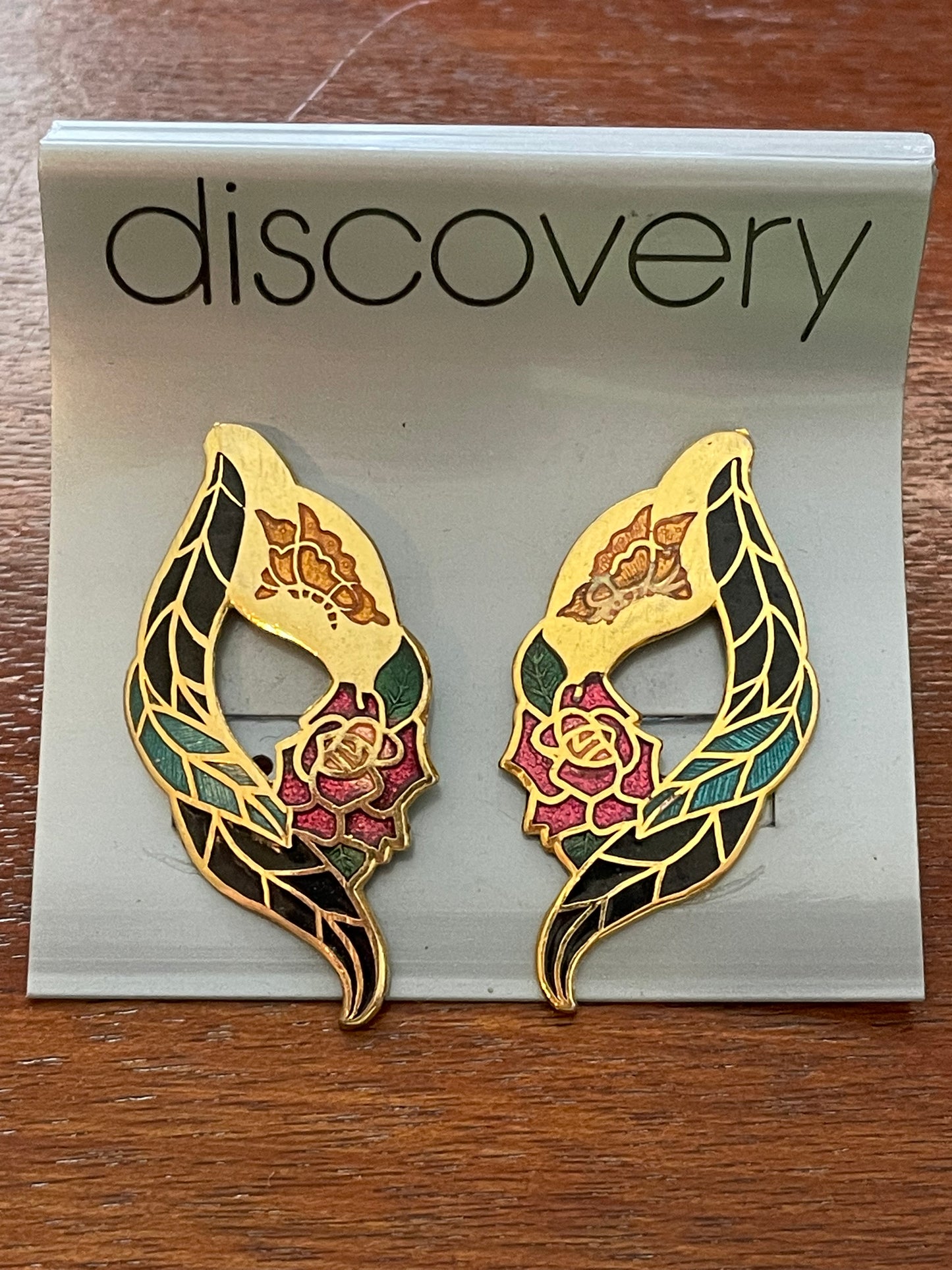 Vintage Cloisonne Goldtone Earrings Colorful Enamel Rose & Butterfly
