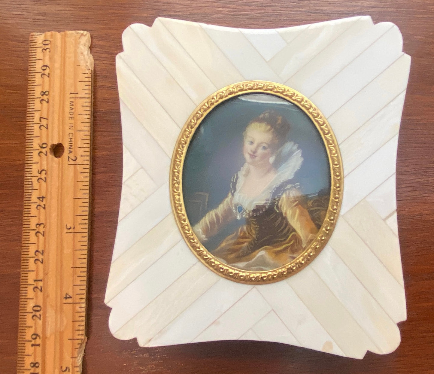 Antique Miniature A Study Fragonard Portrait Faux Ivory Bone Frame