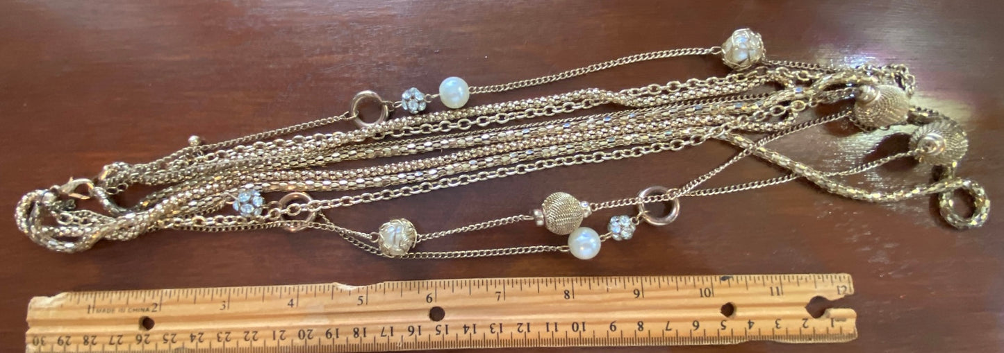 Vintage Multistrand Rhinestone Mesh Faux Pearl Cage Gold Tone Necklace