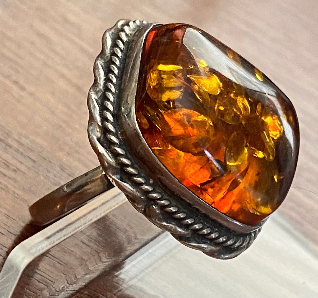 Sterling Silver 925 Heavy Amber Cabochon Rope Edge Ring Signed PS Sz 8