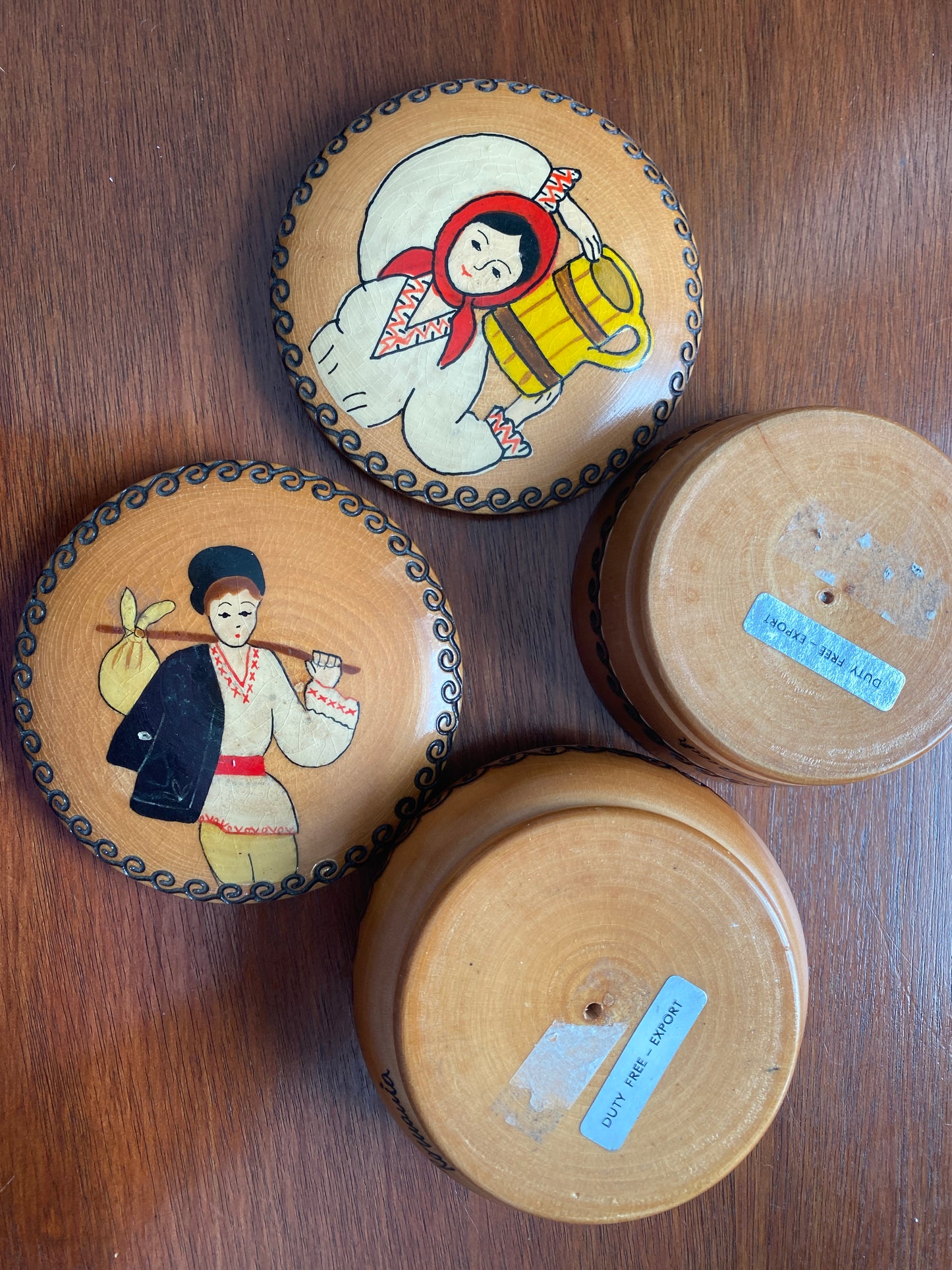 Vintage Wood Carved Trinket Box Set Boy & Girl Romania Souvenir