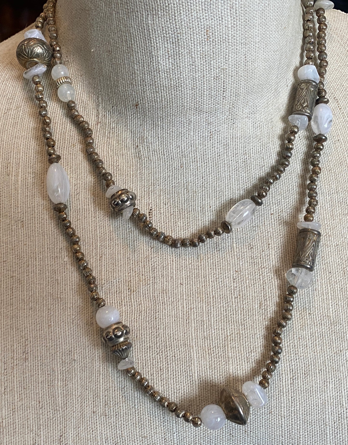 Vintage Silver Plate Bead Rose Quartz 40" Long Necklace