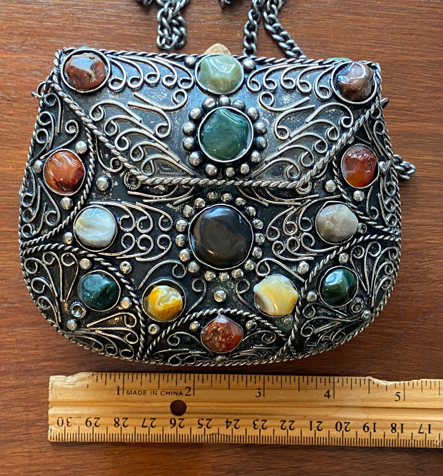 Vintage Sajai Metal Purse Handbag with Natural Agate Stones and Chain Strap