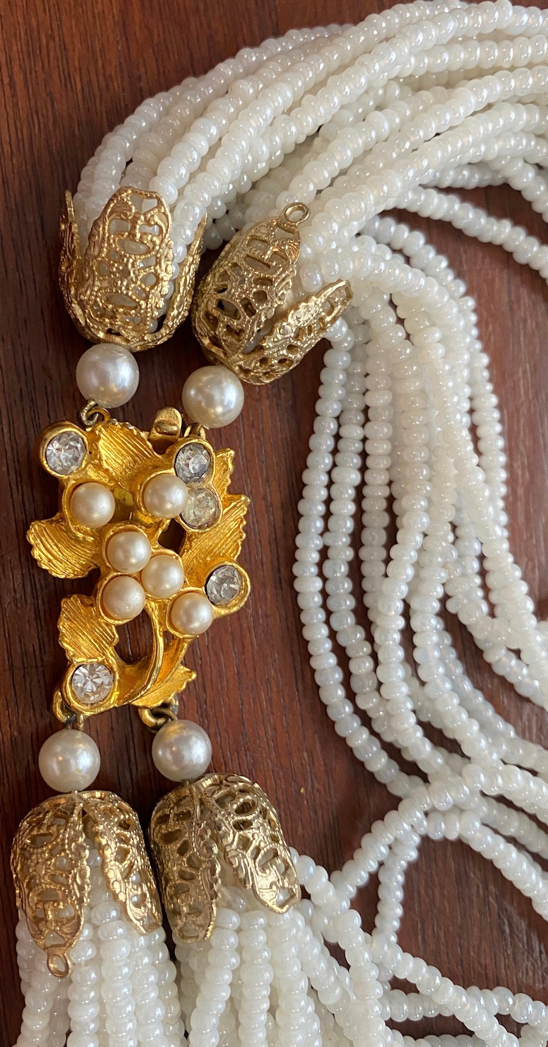 Vintage Multistrand Seed Bead Gold Tone Rhinestone Collar Statement Necklace