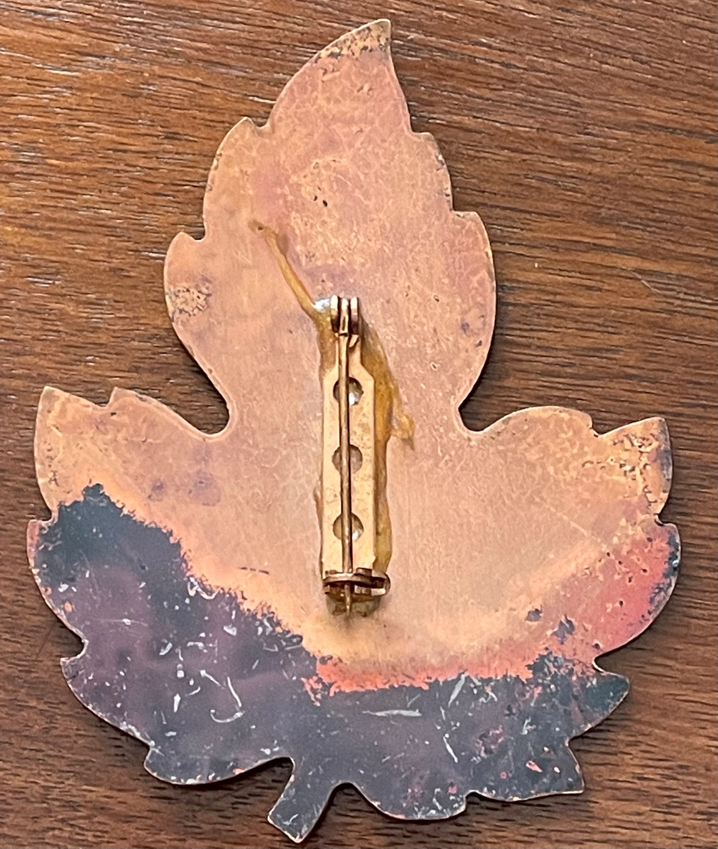 Vintage Large Copper Glazed Enamel Leaf Brooch Pin
