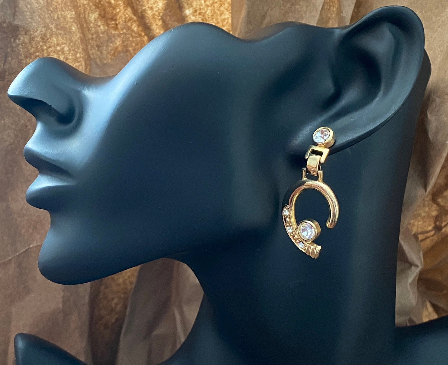 Vintage 80's Gold Tone Rhinestone Drop Dangly Pierced Earrings