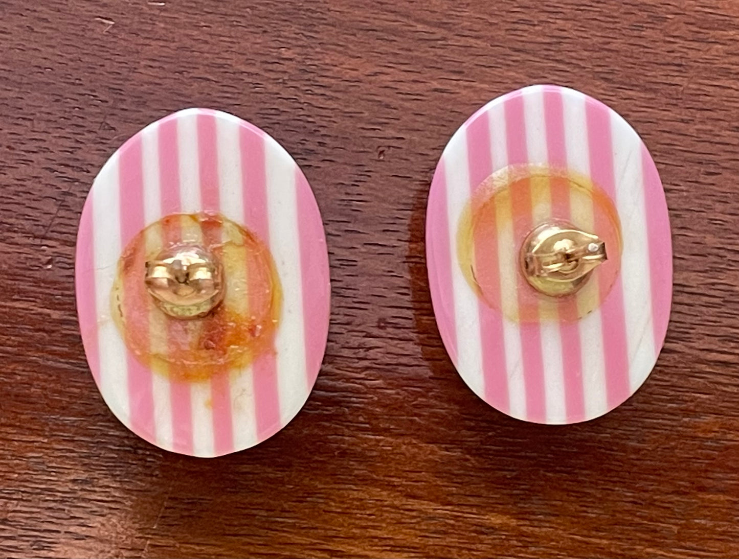 Vintage Post Pink White Resin Stripe Cabochon Stud Earrings Candy