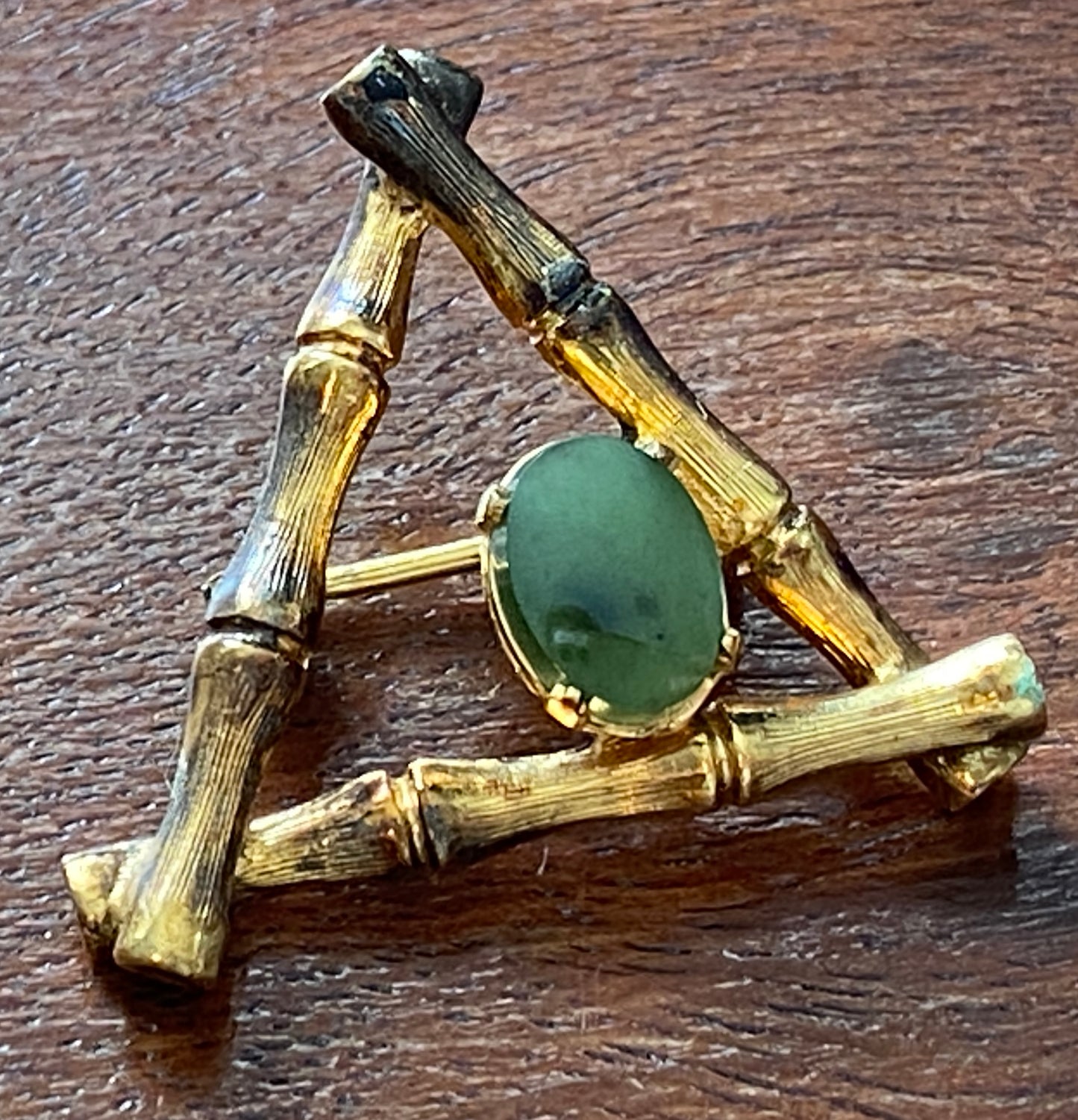 Vintage 1940s Wells Sterling Silver 925 Gold Plate Jade Cabochon Bamboo Brooch Pin