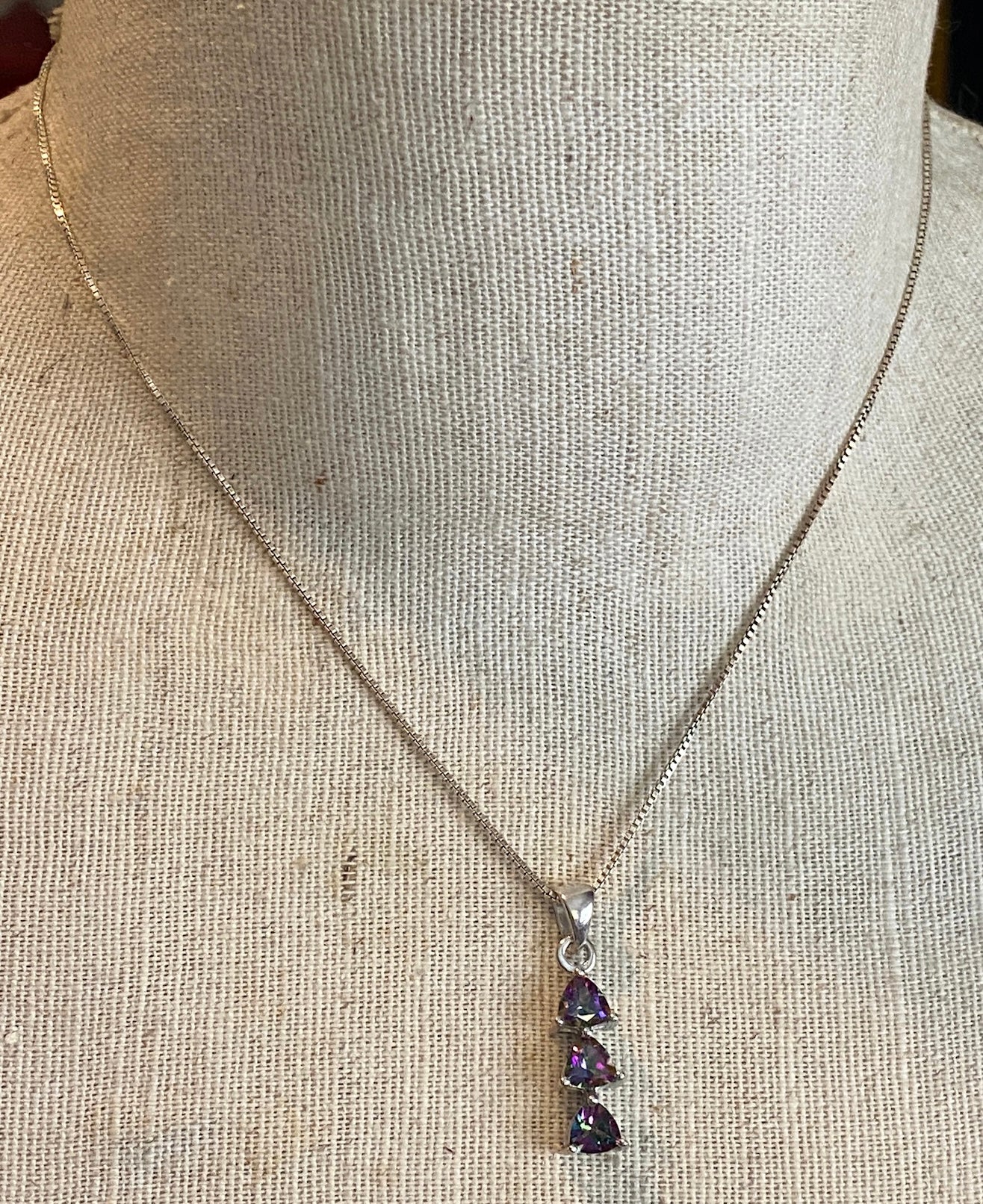 Sterling Silver Box Chain w AB Aurora Borealis Pendant Necklace