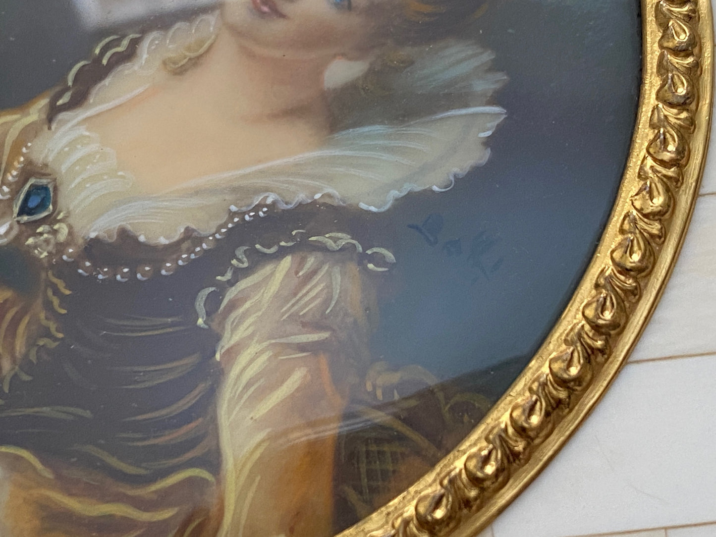 Antique Miniature A Study Fragonard Portrait Faux Ivory Bone Frame