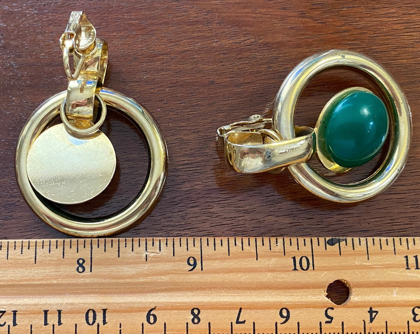 Vintage Large Gold Tone Metal Door Knocker Clip on Earrings Faux Green Stone