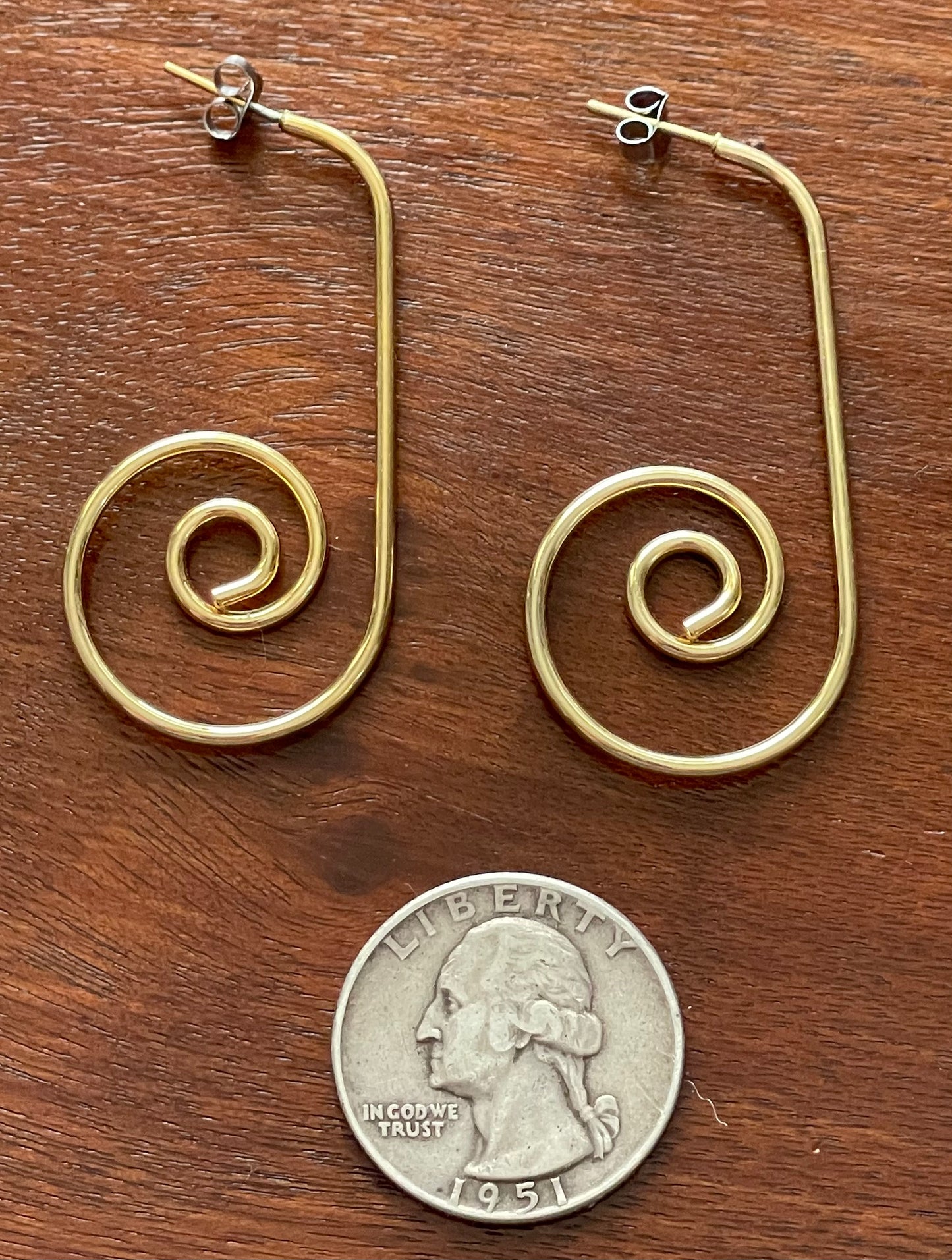 Large Gold Tone Metal Spiral Hoop Pierced Earrings