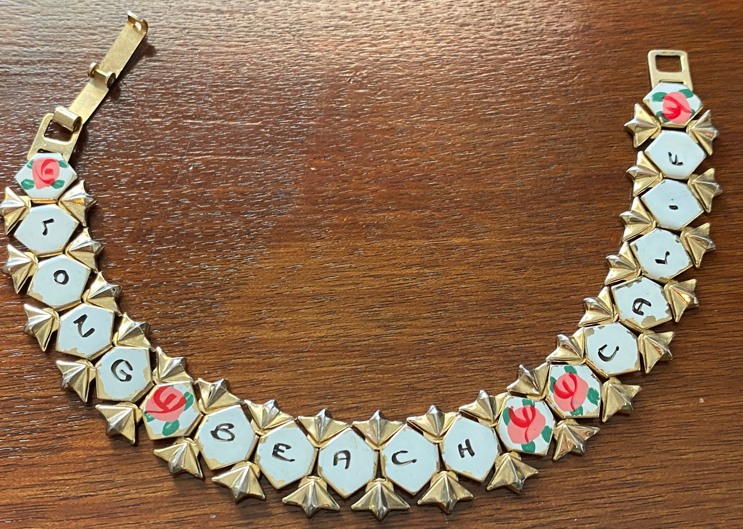 Vintage Gold tone Honeycomb Chain Painted Long Beach California Bracelet